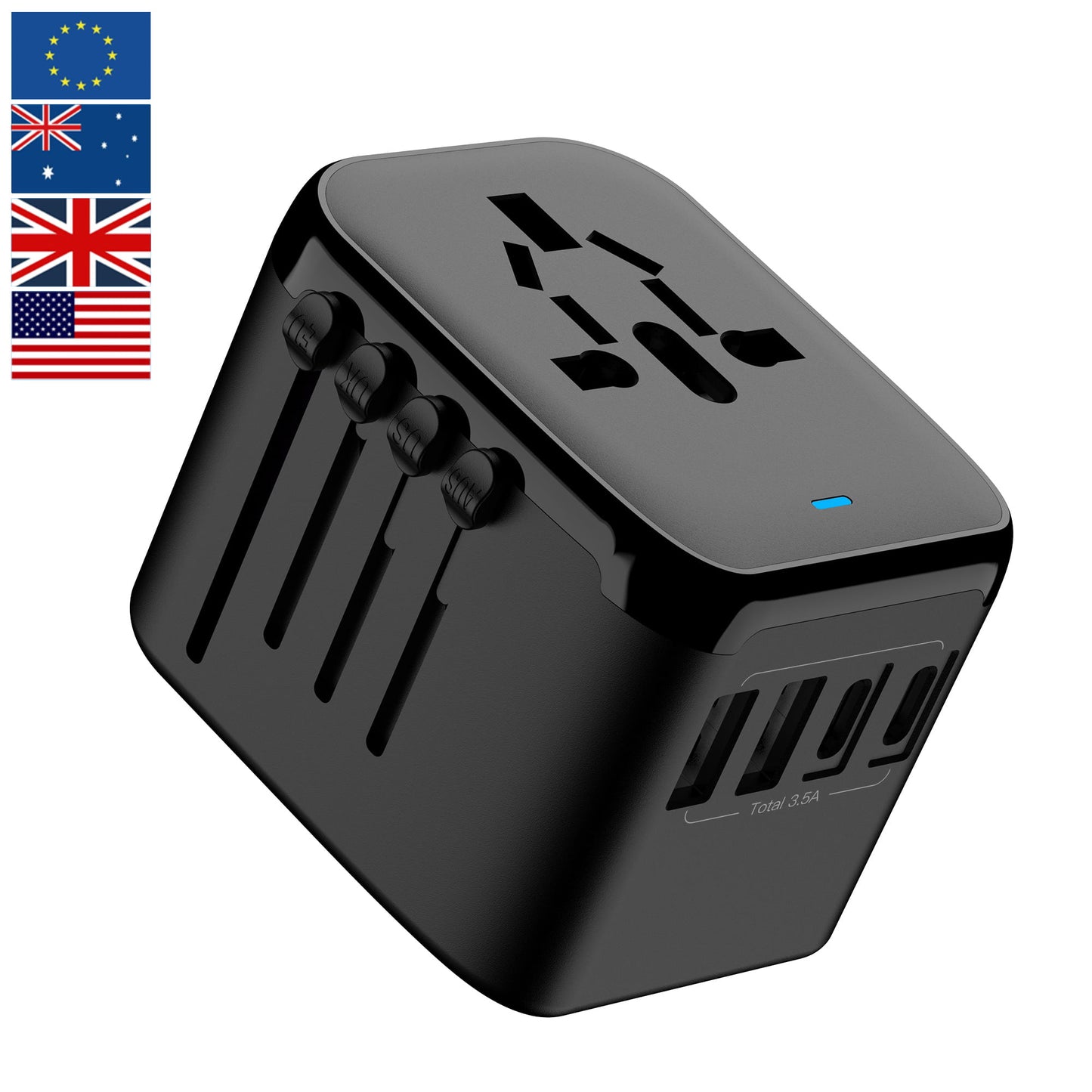 European Travel Plug Adapter, OGEDNAC International Plug Adapter with Type C, All-in-one Universal Power Adapter Plug for USA EU UK AUS, Black