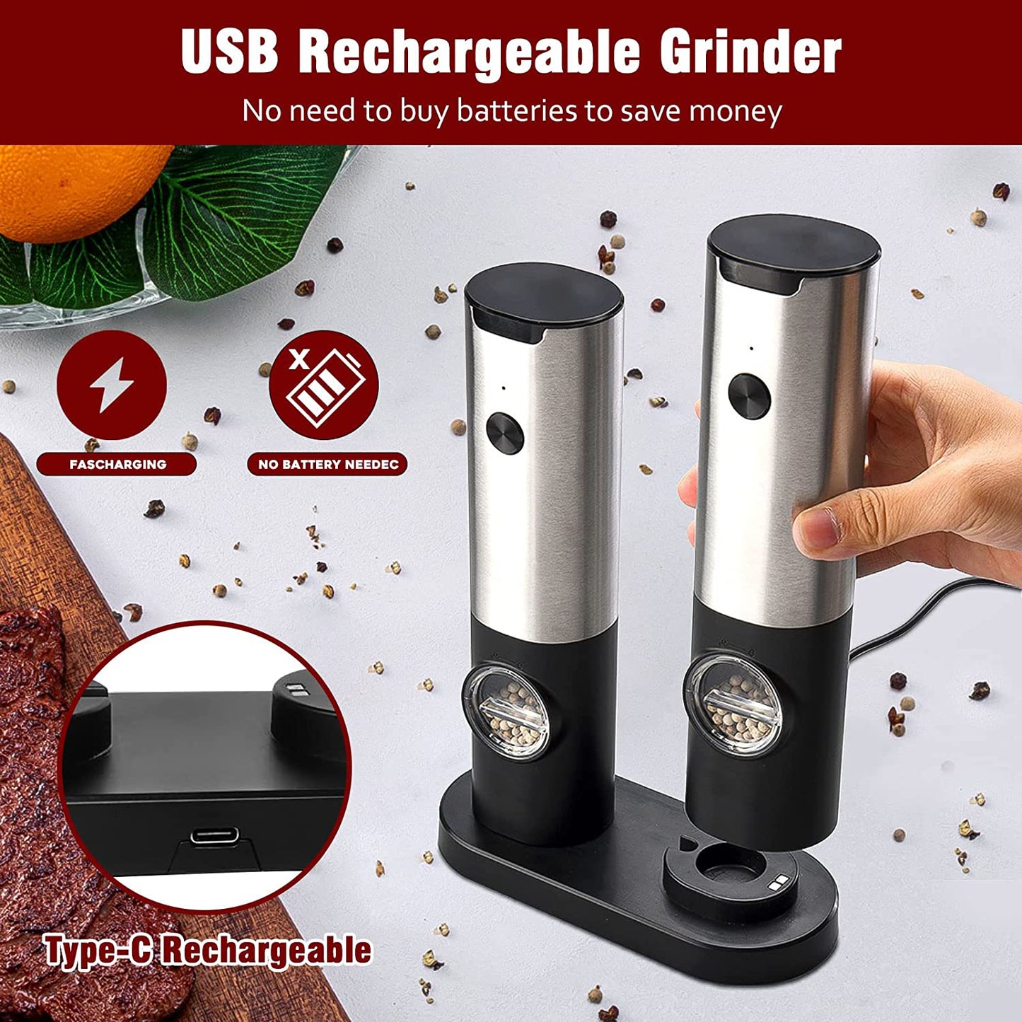 Electric Salt and Pepper Grinder Set, OGEDNAC Automatic Electronic Spice Mill Shakers with USB Rechargeable, LED Light, Adjustable Coarseness, One Hand Operated, Stainless Steel
