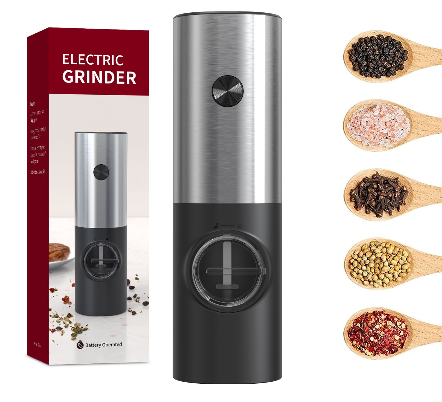 Gravity Electric Pepper and Salt Grinder Set-Adjustable Coarseness-Battery  Powered with LED Light-One Hand Automatic Operation-Stainless Steel 2 Pack