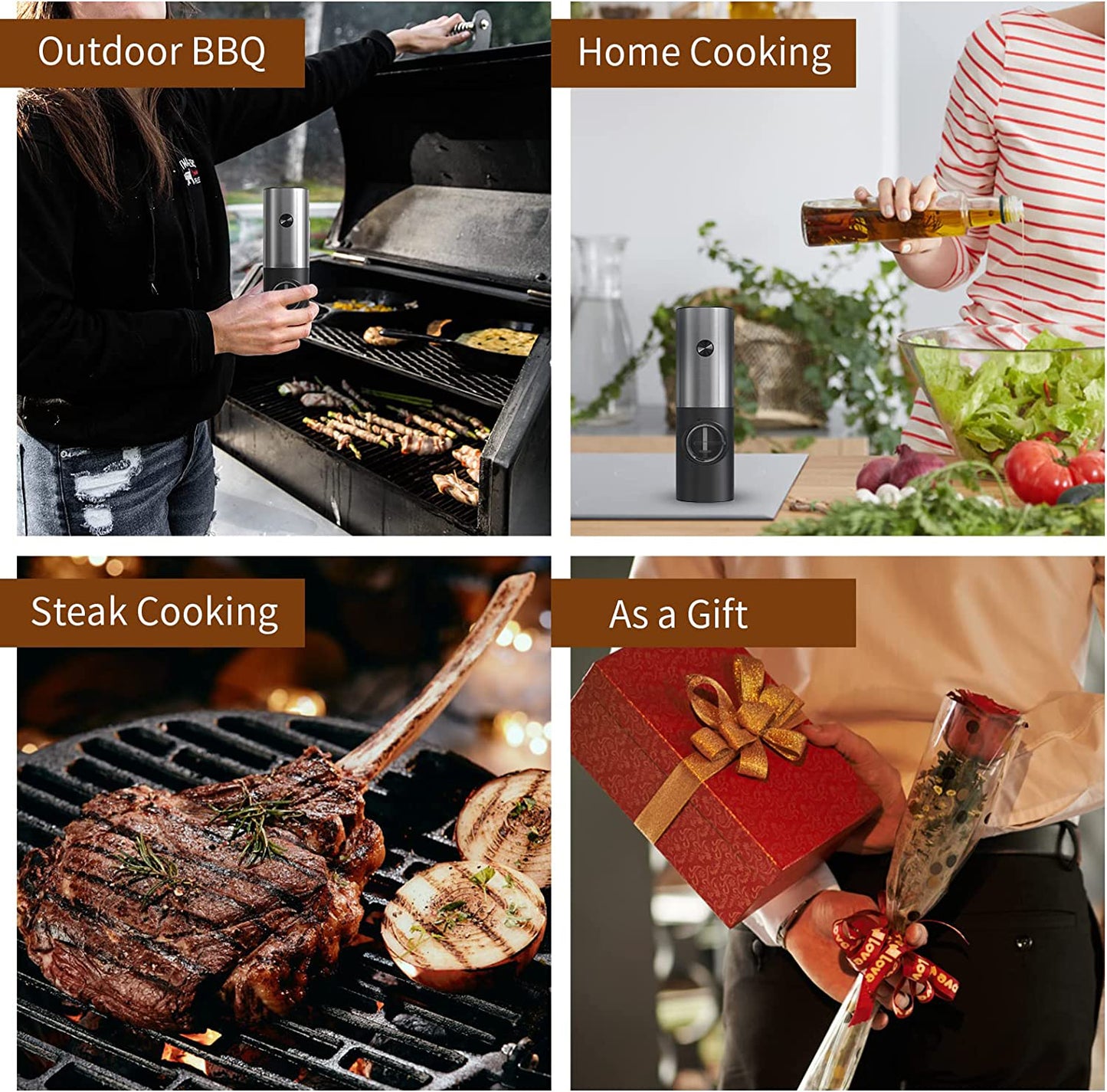 Electric Salt and Pepper Grinder, OGEDNAC Automatic Pepper Mill Spice Grinder Battery Operated with Adjustable Coarseness, LED Light, One Hand Operated, Stainless Steel