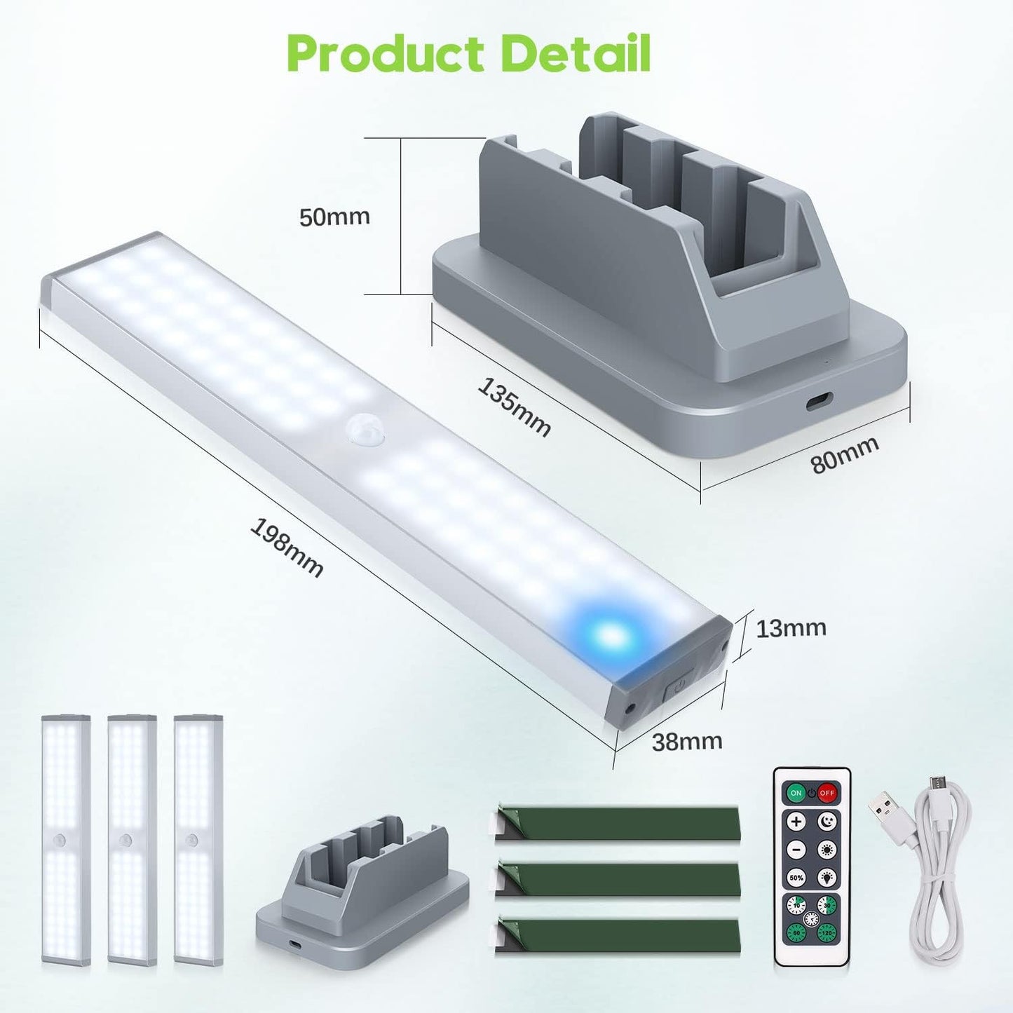 OGEDNAC 60 LED Under Cabinet Lighting Kit, USB-C Rechargeable Closet Light with Charging Station, Remote Control, Timer, Motion Sensor Wireless Kitchen Night Lights for Wardrobe, Cupboard, 3 Pcs