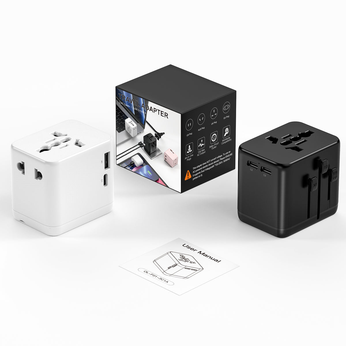 OGEDNAC Mini Universal Travel Adapter, Fast Charger with 3 USB-C, 1 USB-A and 2 AC, International Plug Adapter, Black