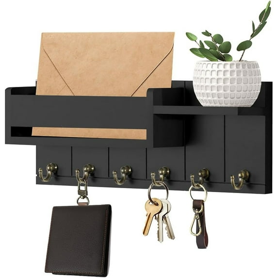 Key Holder Wall Mount, Decorative Key Rack and Mail Organizer with 6 Key Hooks, Wooden Key Hanger with Shelf for Living Room Decor, Rustic Farmhouse Home Entryway Aesthetic Essentials