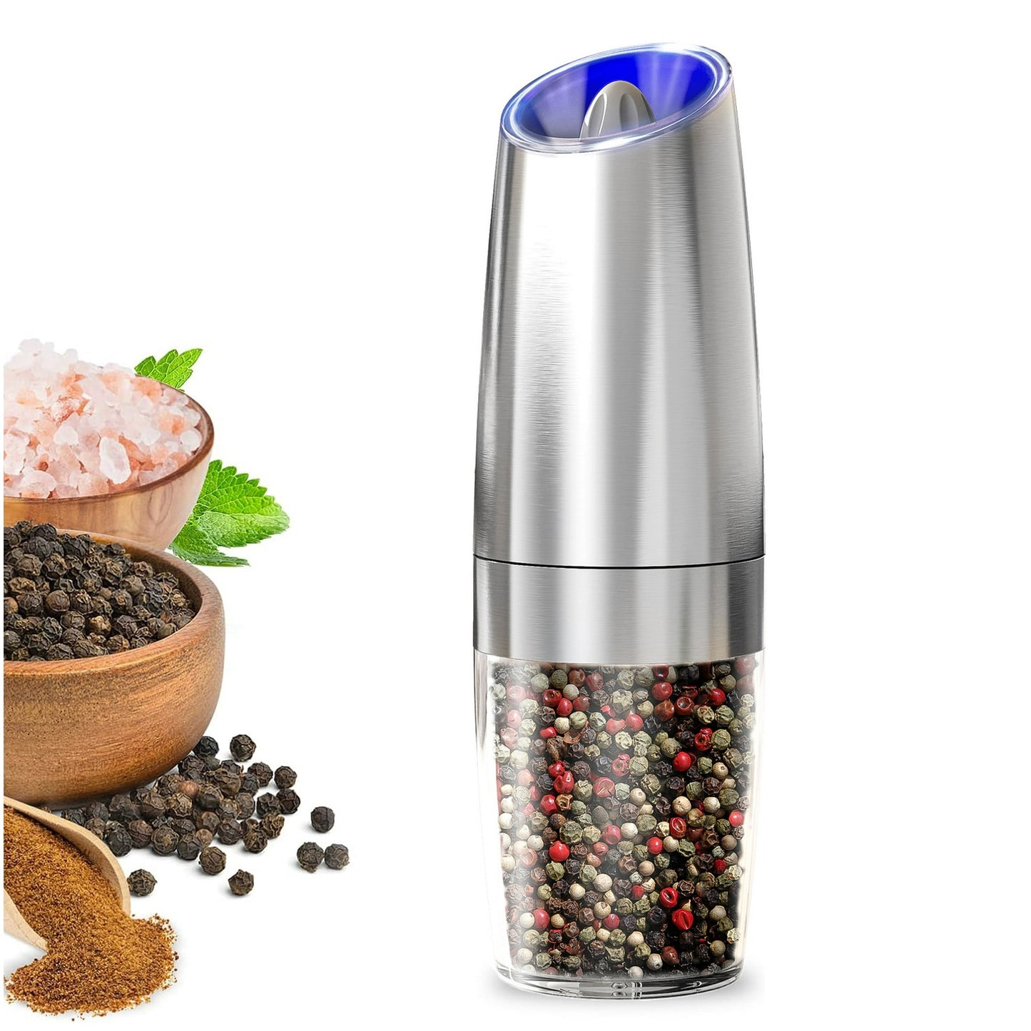OGEDNAC Pepper Grinder, Gravity Electric Pepper Mill, Battery Operated Automatic Salt Mill with Blue LED Light, One Handed Operation, Adjustable Coarseness, Silver