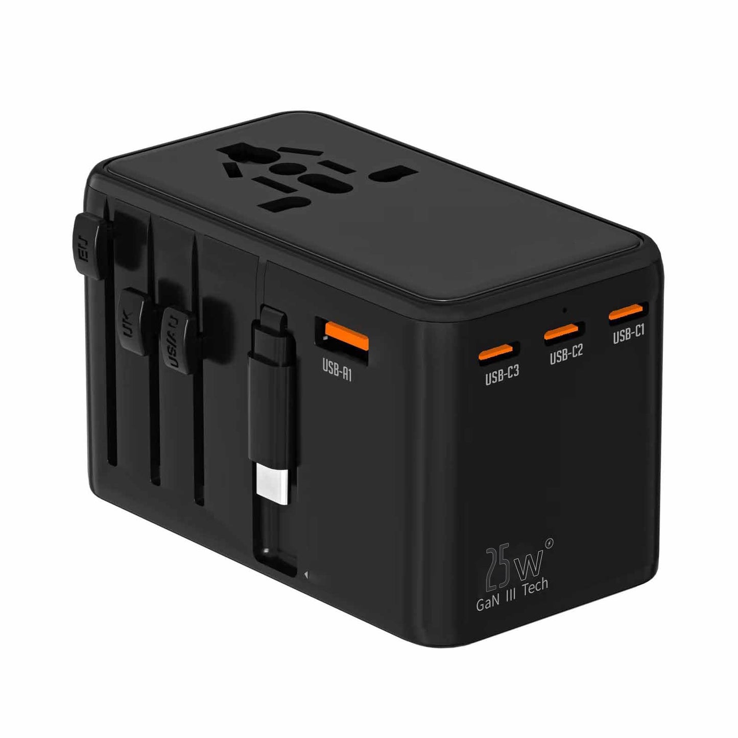 Universal Travel Adapter, OGEDNAC 25W GaN International Plug Adapter with 25W Retractable PD Fast Charge Cable, EU/UK/AU/US Worldwide Power Outlet with 4 USB(3 USB C) Charging Ports for Phones, Black