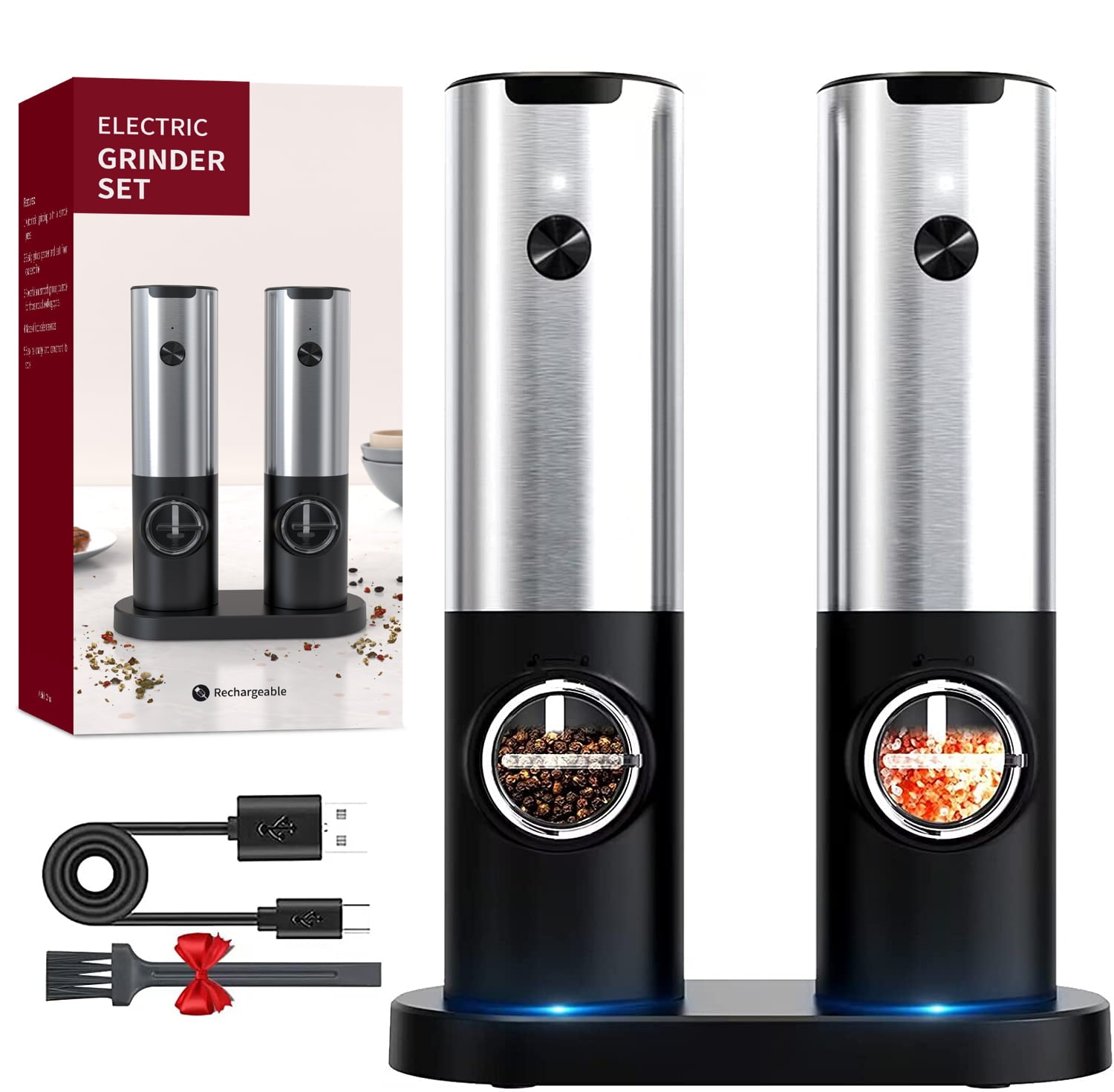 Electric Salt and Pepper Grinder Set - Automatic, Refillable, Battery  Operated Stainless Steel Spice Mills with Light - One Handed Push Button