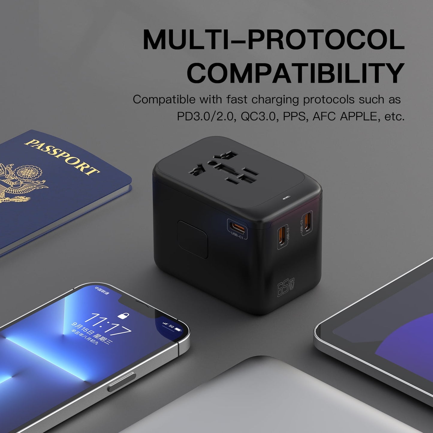 OGEDNAC Universal Travel Adapter, 65W GaN Fast Charger with 3 USB-C PD and 1 USB-A QC, International Plug Adapter with US/EU/UK/AU Worldwide Travel Socket for iPhone, Samsung, Laptops, Black