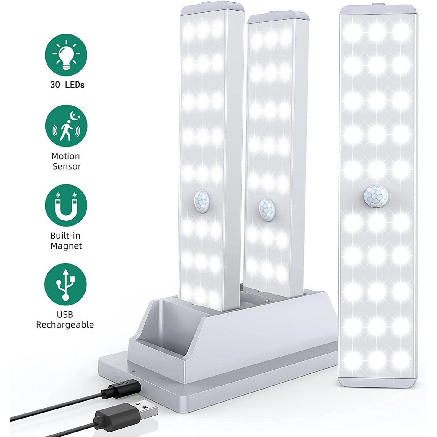 OGEDNAC 60 LED Under Cabinet Lighting Kit, USB-C Rechargeable Closet Light with Charging Station, Remote Control, Timer, Motion Sensor Wireless Kitchen Night Lights for Wardrobe, Cupboard, 3 Pcs