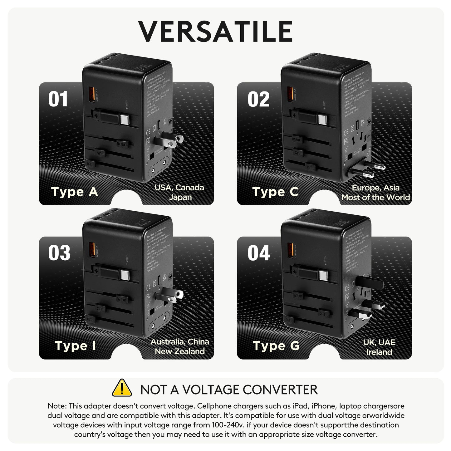 Universal Travel Adapter, OGEDNAC 25W GaN International Plug Adapter with 25W Retractable PD Fast Charge Cable, EU/UK/AU/US Worldwide Power Outlet with 4 USB(3 USB C) Charging Ports for Phones, Black