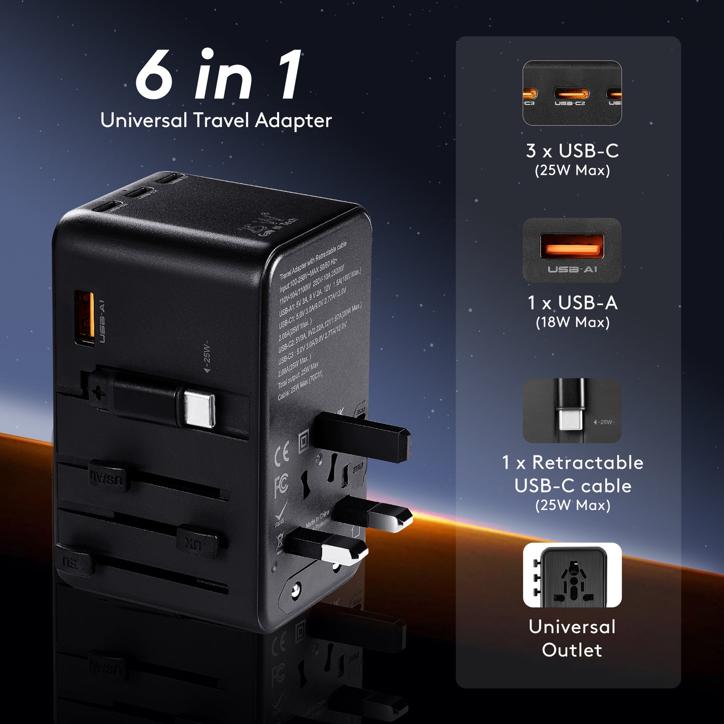 Universal Travel Adapter, OGEDNAC 25W GaN International Plug Adapter with 25W Retractable PD Fast Charge Cable, EU/UK/AU/US Worldwide Power Outlet with 4 USB(3 USB C) Charging Ports for Phones, Black