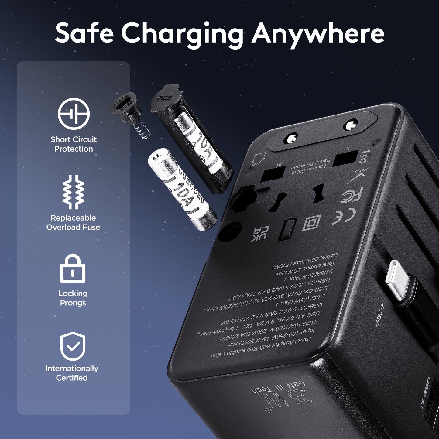 Universal Travel Adapter, OGEDNAC 25W GaN International Plug Adapter with 25W Retractable PD Fast Charge Cable, EU/UK/AU/US Worldwide Power Outlet with 4 USB(3 USB C) Charging Ports for Phones, Black