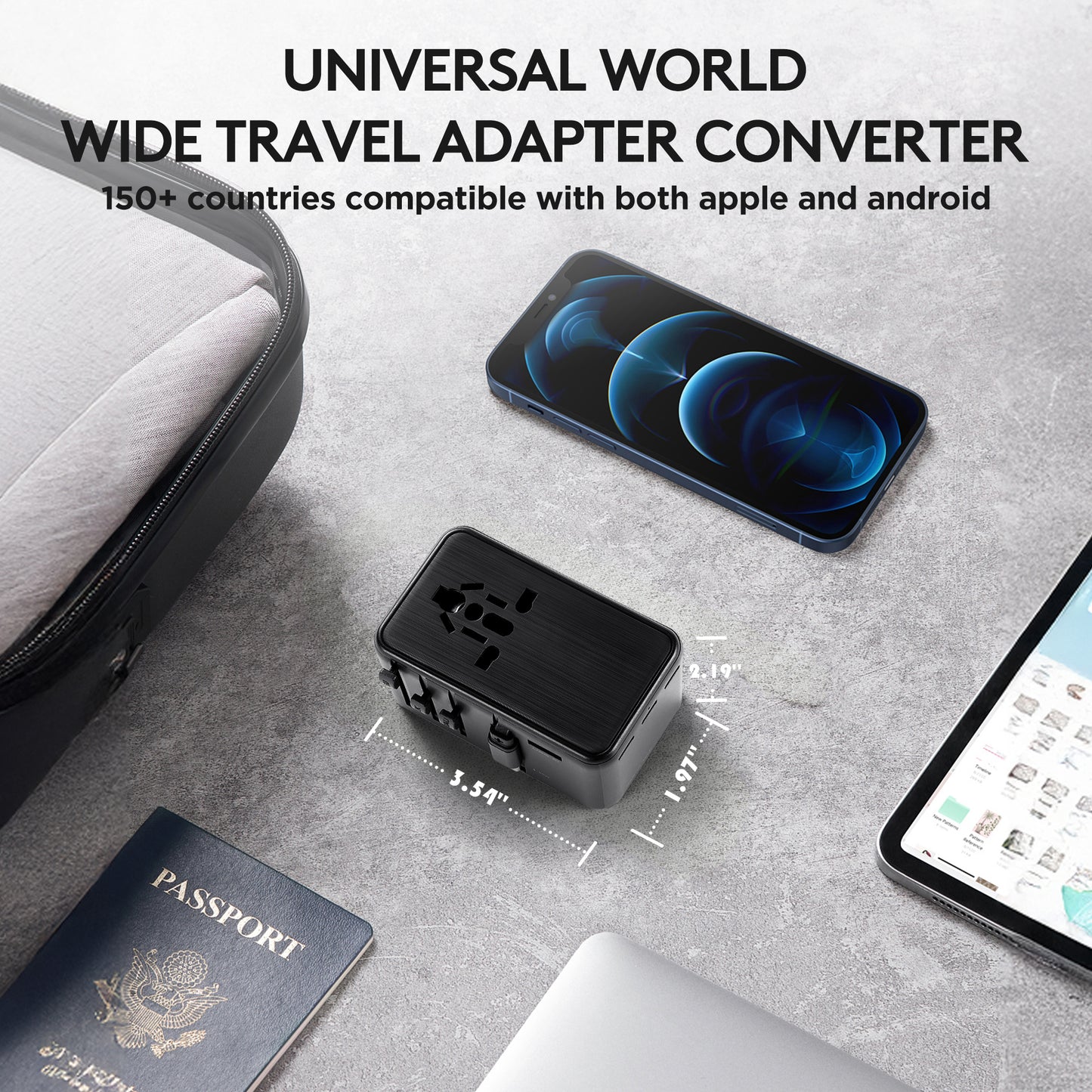 Universal Travel Adapter, OGEDNAC 25W GaN International Plug Adapter with 25W Retractable PD Fast Charge Cable, EU/UK/AU/US Worldwide Power Outlet with 4 USB(3 USB C) Charging Ports for Phones, Black