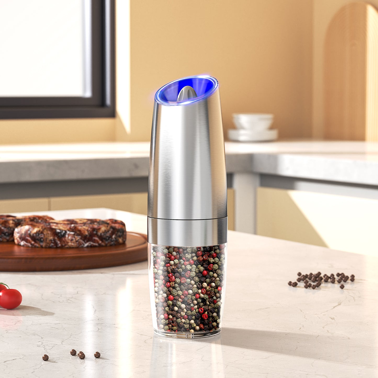 OGEDNAC Pepper Grinder, Gravity Electric Pepper Mill, Battery Operated Automatic Salt Mill with Blue LED Light, One Handed Operation, Adjustable Coarseness, Silver