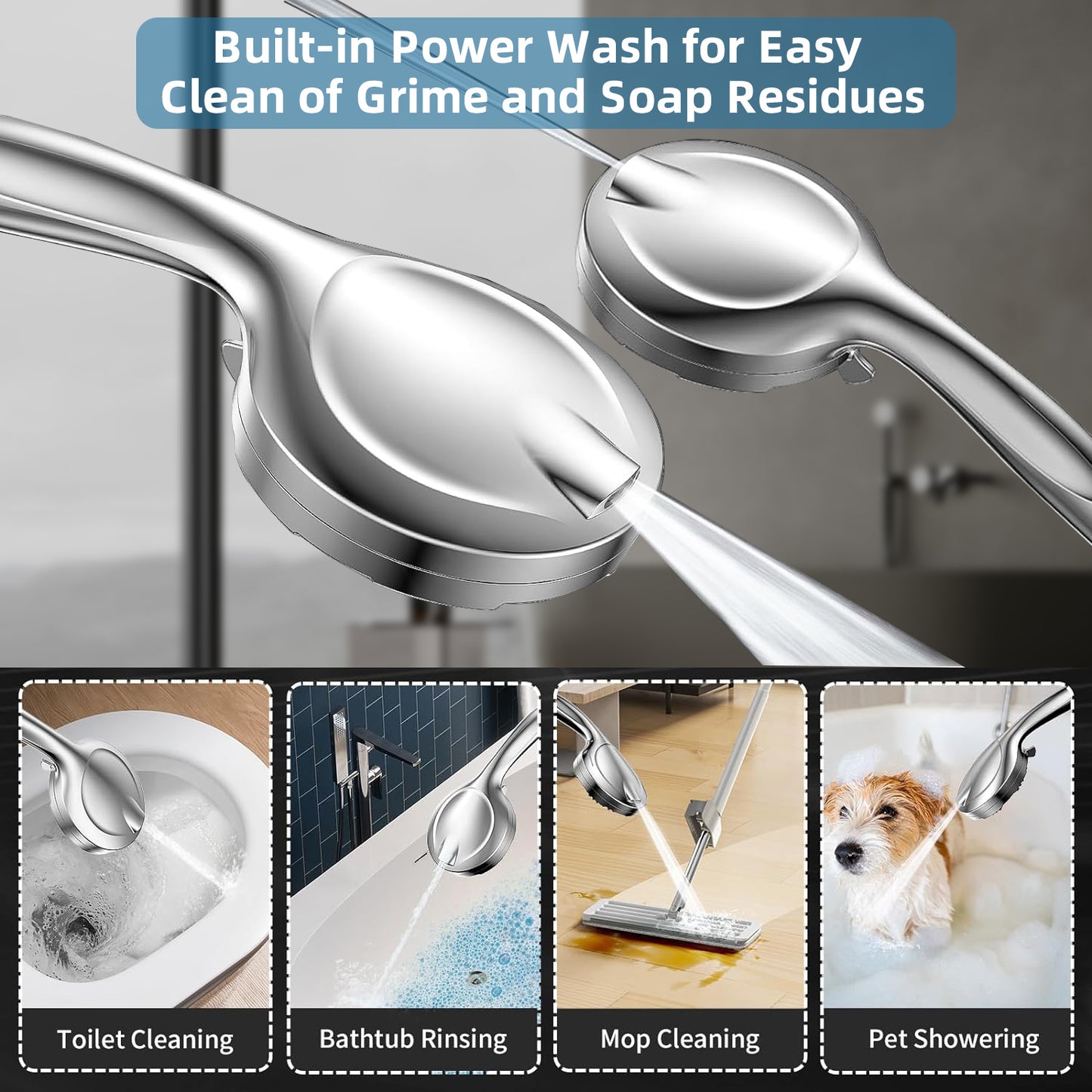 High Pressure 10 Mode Handheld Shower Head, 5 inches Shower Head with Anti-clog Nozzles, Built-in Power Wash to Clean Tub, Tile & Pets, 5 ft. Stainless Steel Hose, Wall & Overhead Brackets