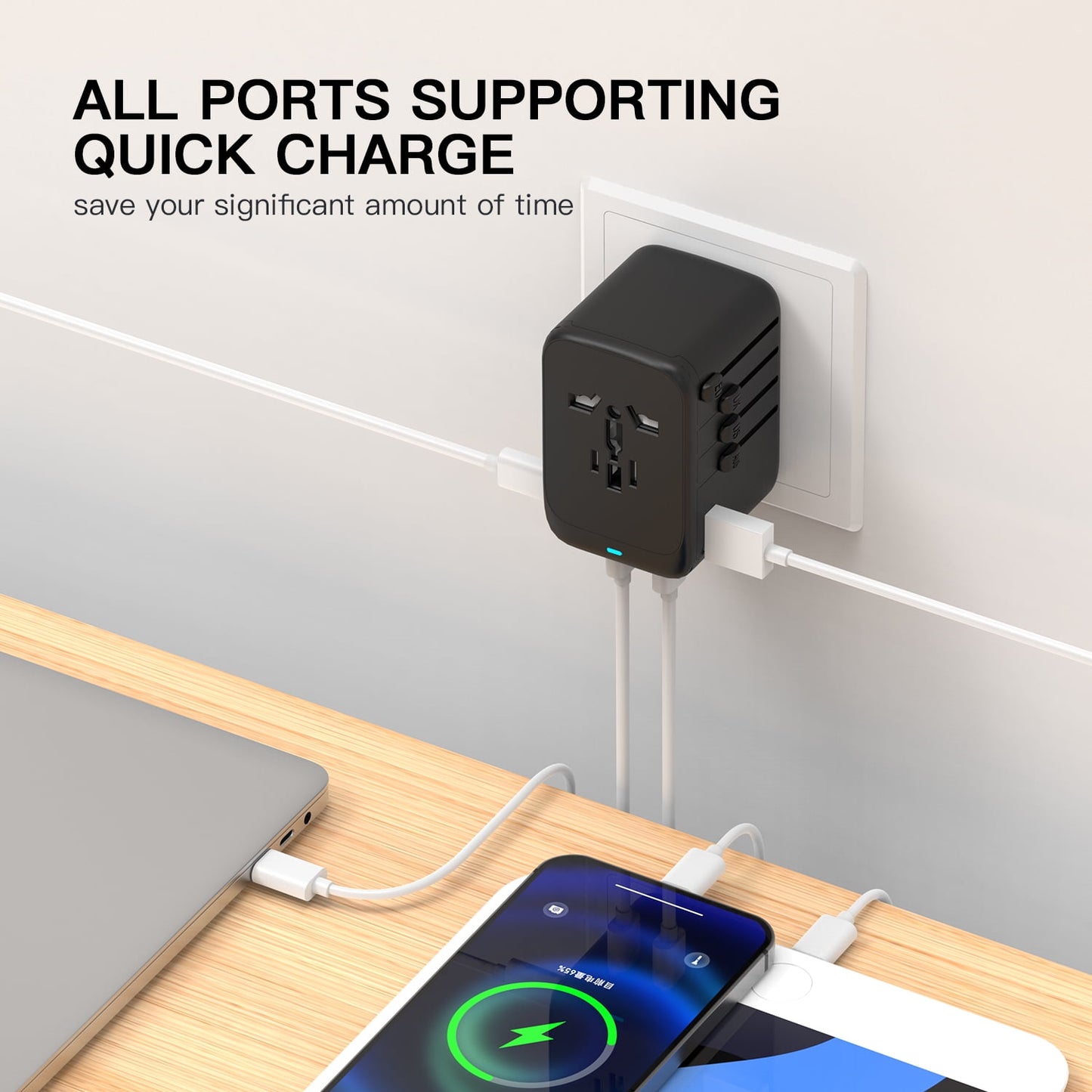 OGEDNAC Universal Travel Adapter, 65W GaN Fast Charger with 3 USB-C PD and 1 USB-A QC, International Plug Adapter with US/EU/UK/AU Worldwide Travel Socket for iPhone, Samsung, Laptops, Black