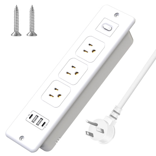 Recessed Power Strip, Furniture Desk Drawer Outlet with 2 USB-C & 2 USB-A, Plug in 3 Outlets, Flush Mount 5.6FT Bold Extension Cord Conference Desk Outlet Fast Charge for Home Office, White