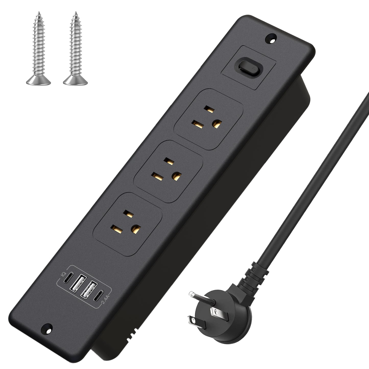 Recessed Power Strip, Furniture Desk Drawer Outlet with 2 USB-C & 2 USB-A, Plug in 3 Outlets, Flush Mount 5.6FT Bold Extension Cord Conference Desk Outlet Fast Charge for Home Office, Black