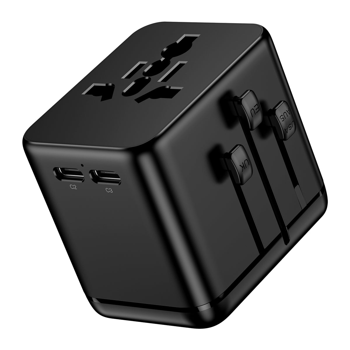 OGEDNAC Mini Universal Travel Adapter, Fast Charger with 3 USB-C, 1 USB-A and 2 AC, International Plug Adapter, Black