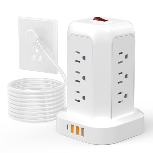 Tower Power Strips with Surge Protection, OGEDNAC Surge Protector with 12 Outlets 4 USB Ports, 5.1FT Extension Cord Desk Charging Station for Home Office Supplies Dorm Essentials, White