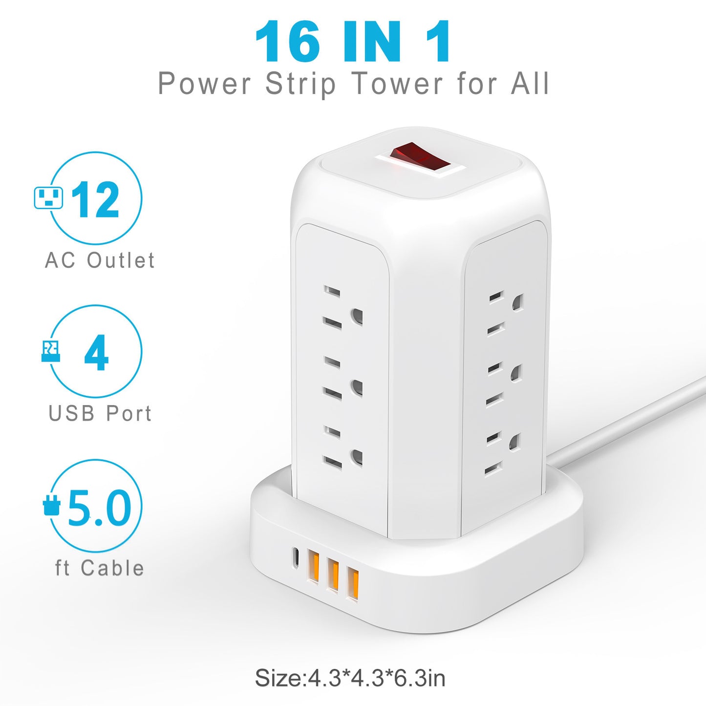 Tower Power Strips with Surge Protection, OGEDNAC Surge Protector with 12 Outlets 4 USB Ports, 5.1FT Extension Cord Desk Charging Station for Home Office Supplies Dorm Essentials, White