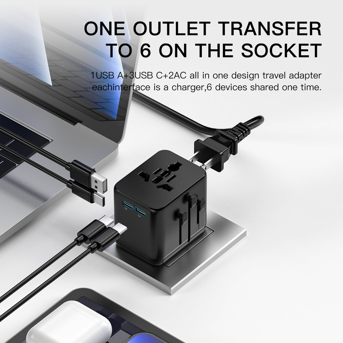 OGEDNAC Mini Universal Travel Adapter, Fast Charger with 3 USB-C, 1 USB-A and 2 AC, International Plug Adapter, Black
