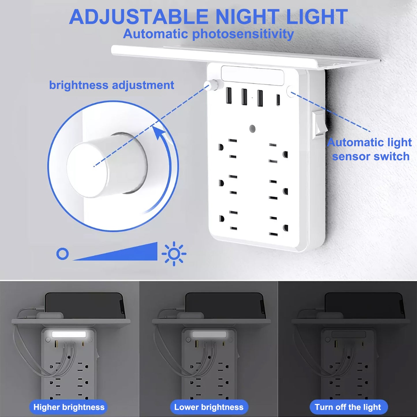 OGEDNAC Outlet Extender, 6 Outlet Grounded Wall Tap with 4 USB Ports and Night Light, Surge Protector Power Strip Multi Plug Outlets Wall Adapter Spaced for Home Travel Office ETL Listed, White