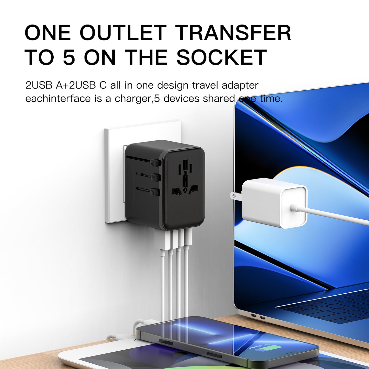 European Travel Plug Adapter USB C, OGEDNAC US to Europe Plug Adapter with 1 Outlets 4 USB Charger, Type C Power Adaptor to Italy Spain France Portugal Iceland Germany, Black