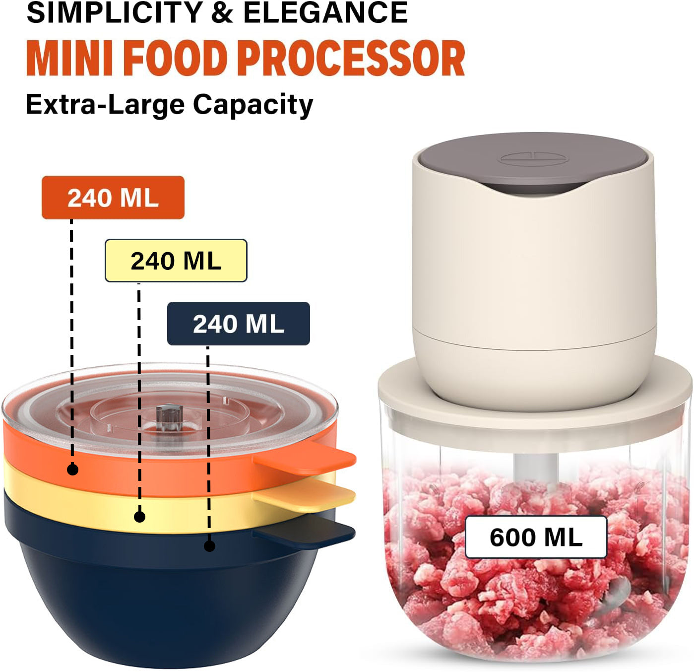 OGEDNAC Food Processor, Electric Food Chopper with 4 Bowls (2.5 Cup+3 * 1 Cup), Meat Grinder with 2 Sets Stainless Steel Blades, Small Blender for Baby Food, Meat and Vegetables, Beige