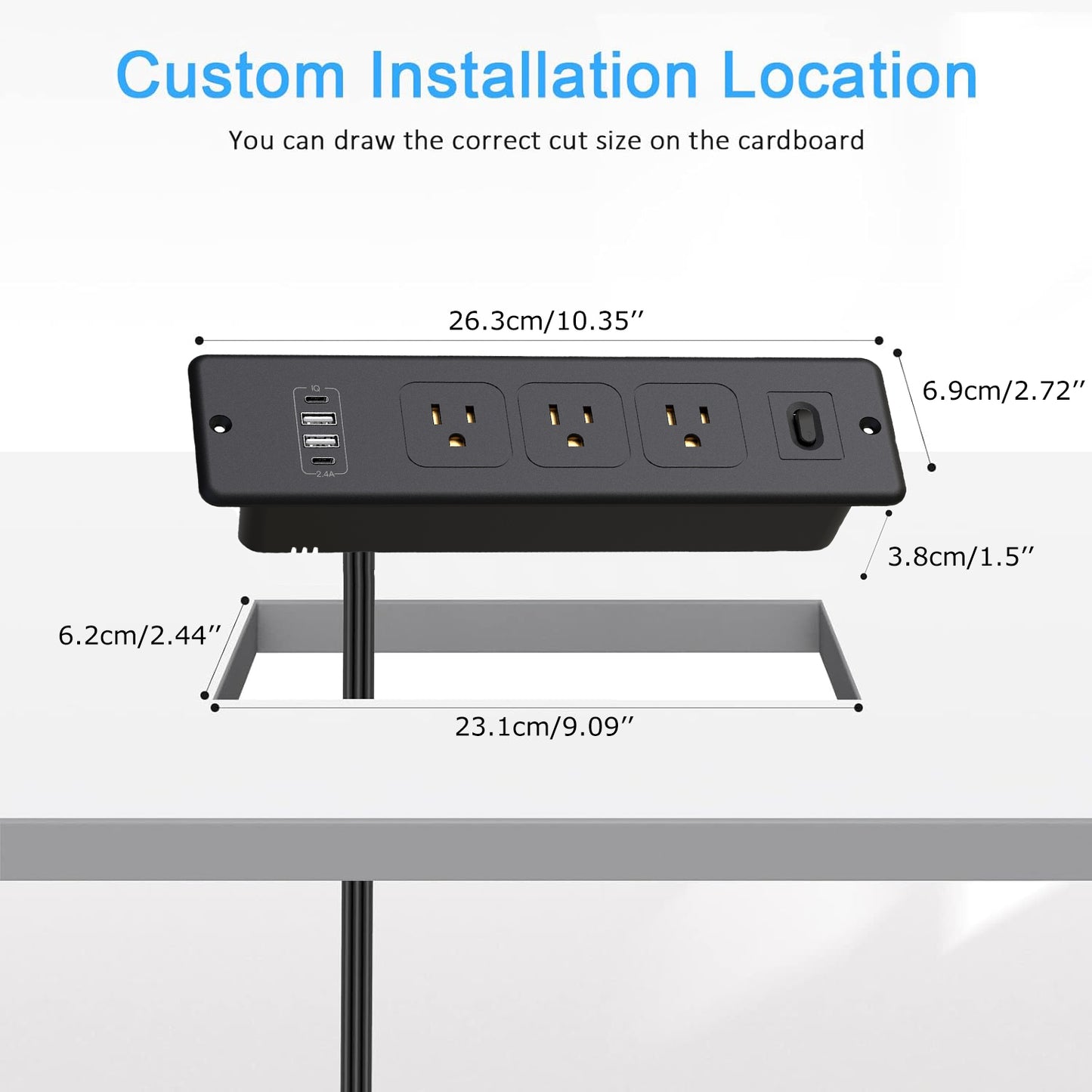 Recessed Power Strip, Furniture Desk Drawer Outlet with 2 USB-C & 2 USB-A, Plug in 3 Outlets, Flush Mount 5.6FT Bold Extension Cord Conference Desk Outlet Fast Charge for Home Office, Black