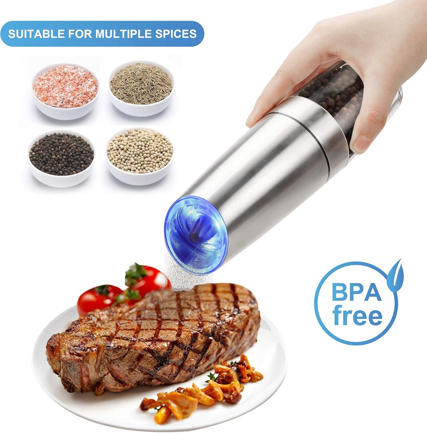 OGEDNAC Pepper Grinder, Gravity Electric Pepper Mill, Battery Operated Automatic Salt Mill with Blue LED Light, One Handed Operation, Adjustable Coarseness, Silver