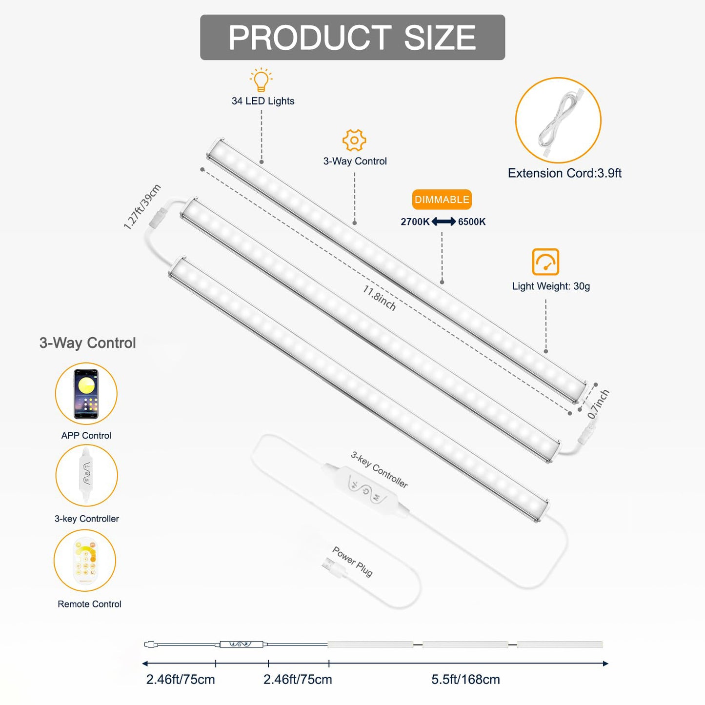 OGEDNAC Under Cabinet Lights, 12 Inch Under Cabinet Lighting with Remote, Dimmable LED Closet Light for Bedroom, Kitchen Cabinet, Counter Shelf 2700K-6500K Warm to Daylight White, 3 Pcs