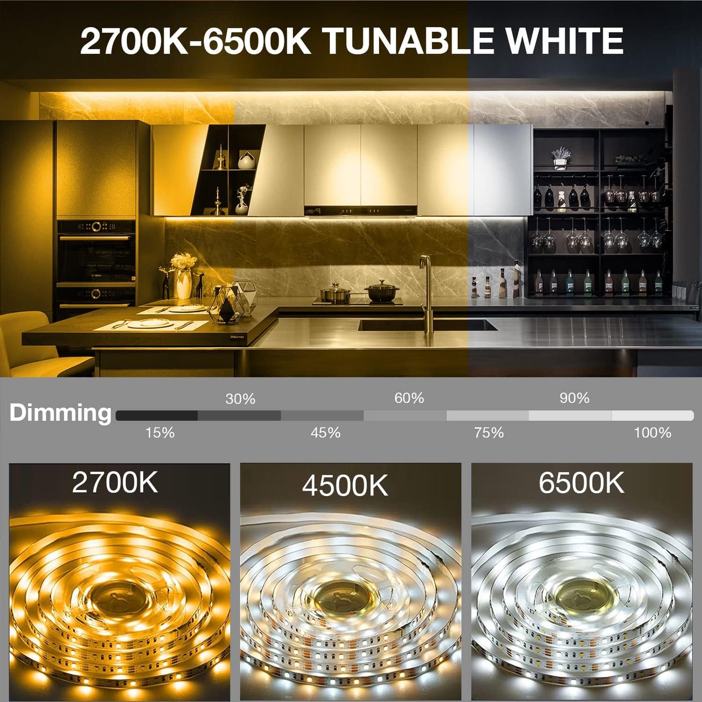 OGEDNAC Under Cabinet Lighting kit, LED Strip Lights with Remote, Dimmable Under Cabinet Lights for Kitchen Cabinet, Counter, TV Back, Showcase 2700K-6500K Warm to Daylight White, 16.4ft
