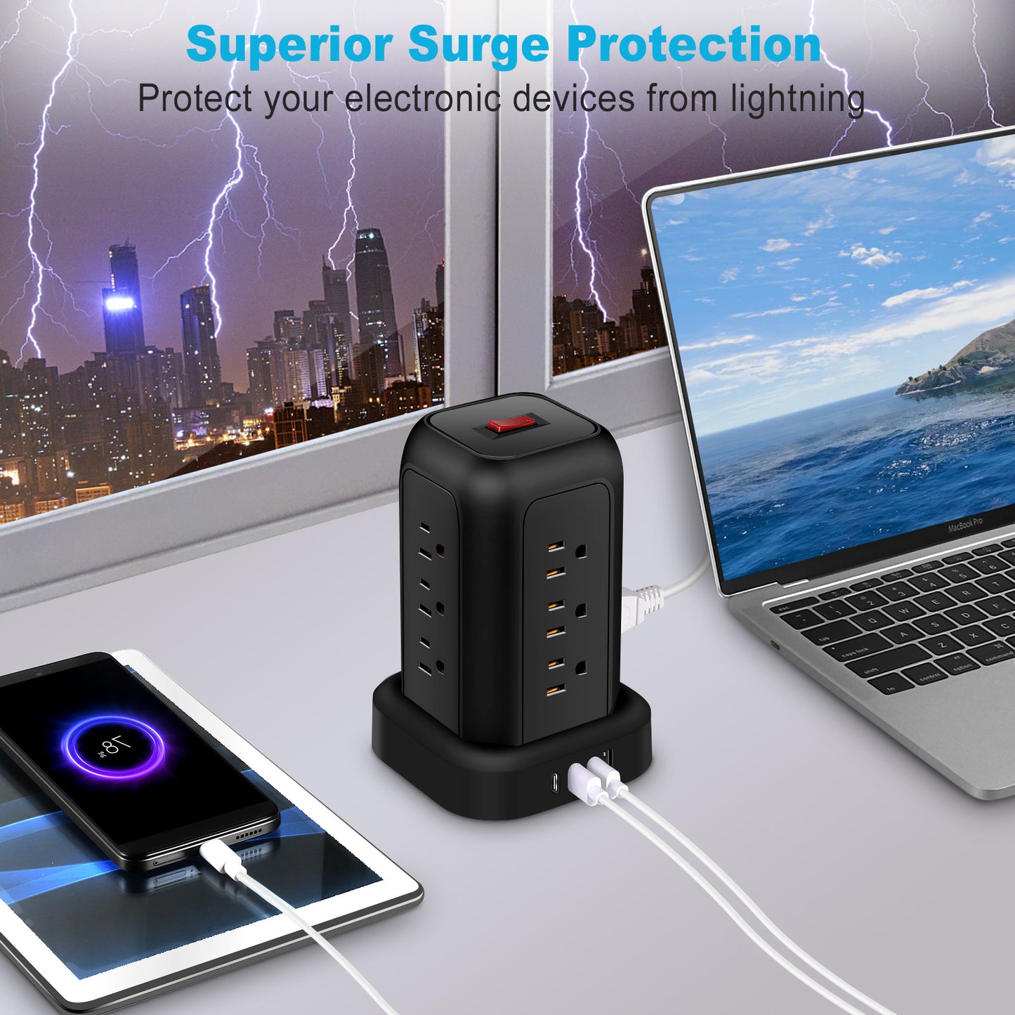 Tower Power Strips with Surge Protection, OGEDNAC Surge Protector with 12 Outlets 4 USB Ports, 5.1FT Extension Cord Desk Charging Station for Home Office Supplies Dorm Essentials, Black