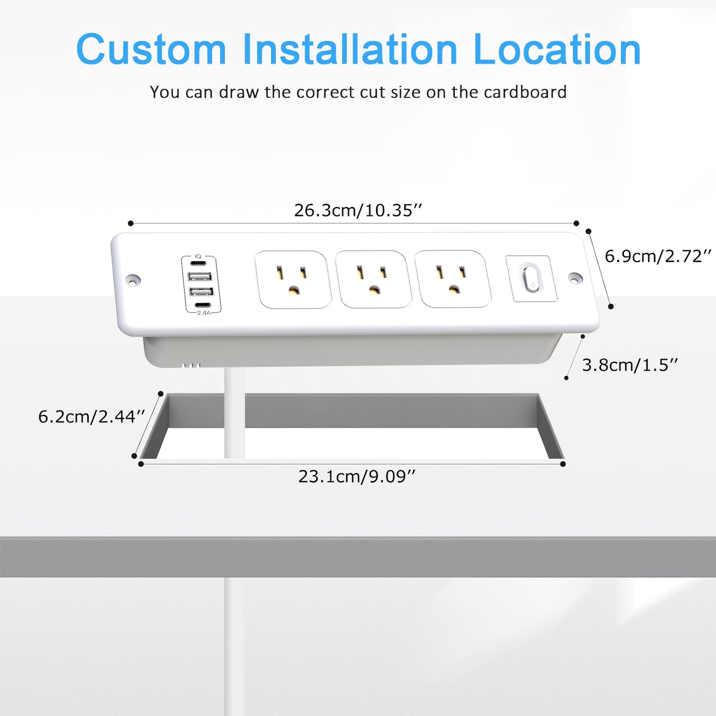 Recessed Power Strip, Furniture Desk Drawer Outlet with 2 USB-C & 2 USB-A, Plug in 3 Outlets, Flush Mount 5.6FT Bold Extension Cord Conference Desk Outlet Fast Charge for Home Office, White