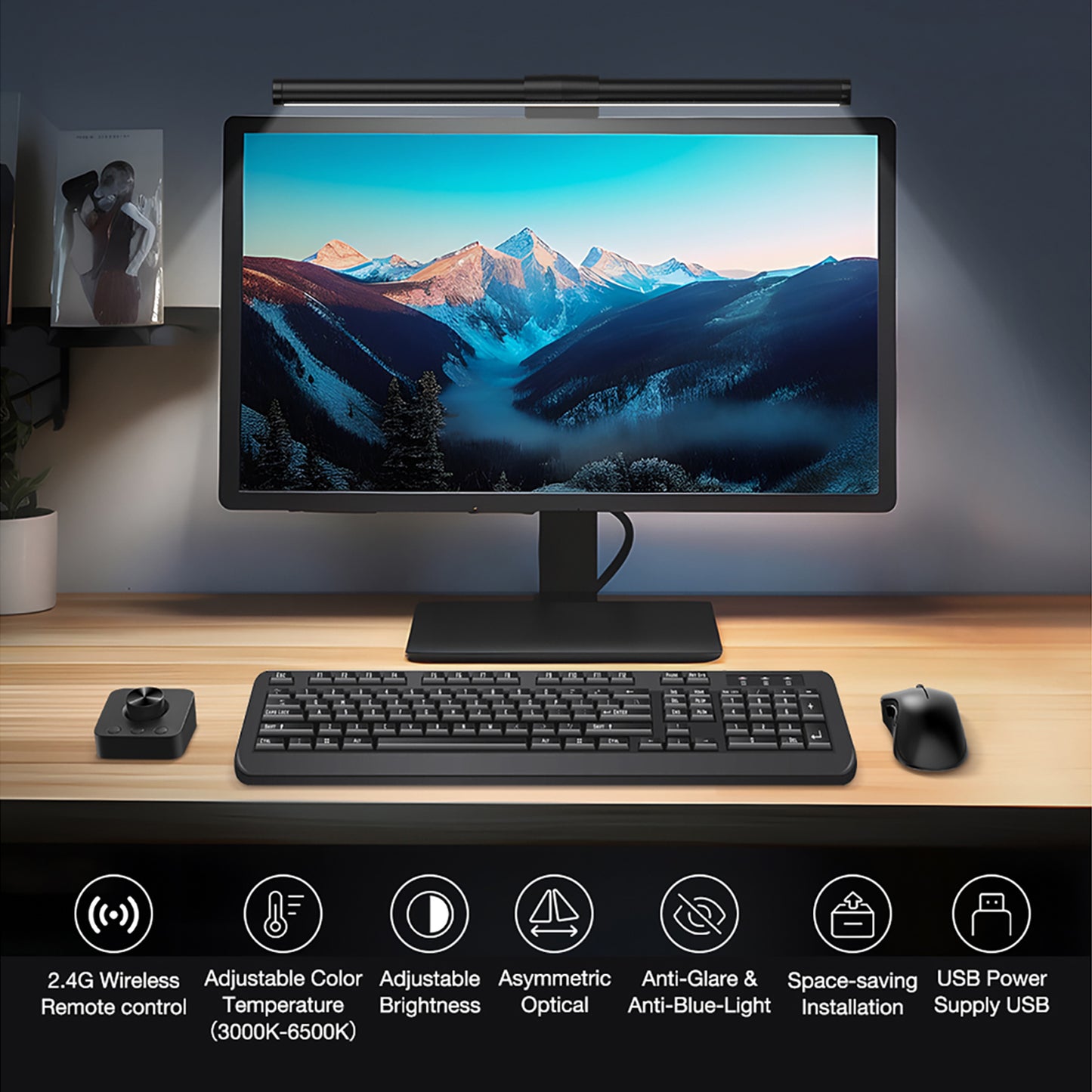 OGEDNAC Screen Monitor Light Bar, Touch/Wireless Remote Control Eye Protection Anti-Glare Adjustable Color Temperature Dimmable USB e-Reading Light for Home Office Desk PC Computer, Black