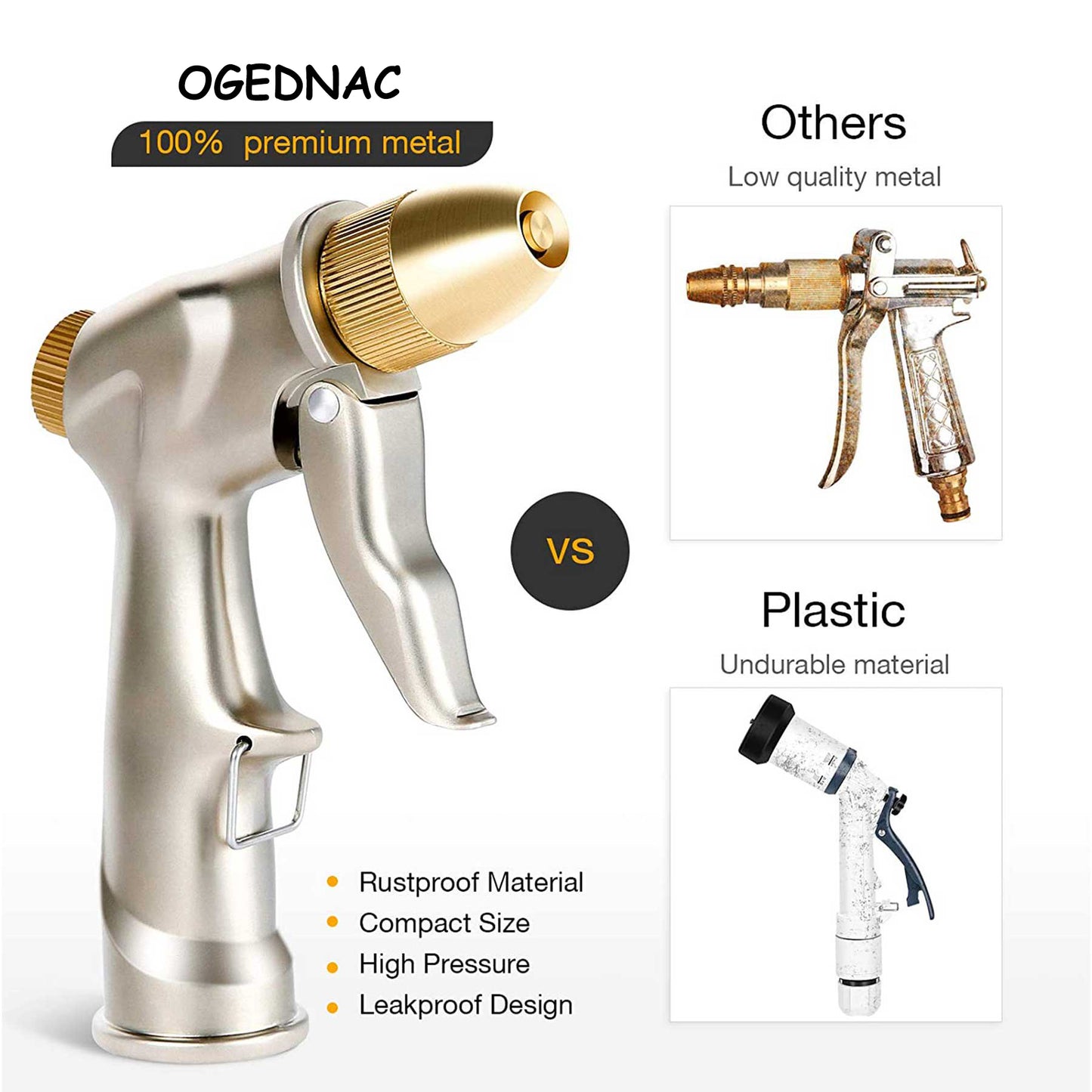 OGEDNAC Heavy Duty Garden Hose Nozzle Spray Brass Nozzle Zinc Alloy Hand Sprayer for Gardening Watering Car Pet Wash, Gold