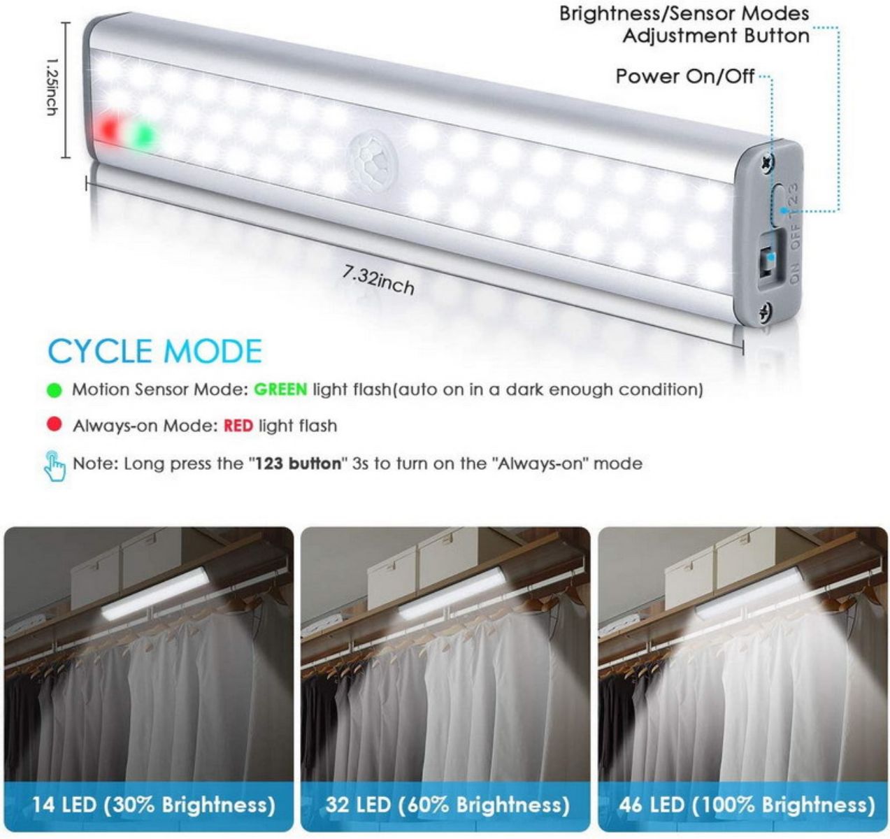 OGEDNAC 46 LED Under Cabinet Lights, USB Rechargeable Closet Lighting Kit with Motion Sensor and Magnetic Strip for Wardrobe, Kitchen Wireless Lighting, 3 Pcs
