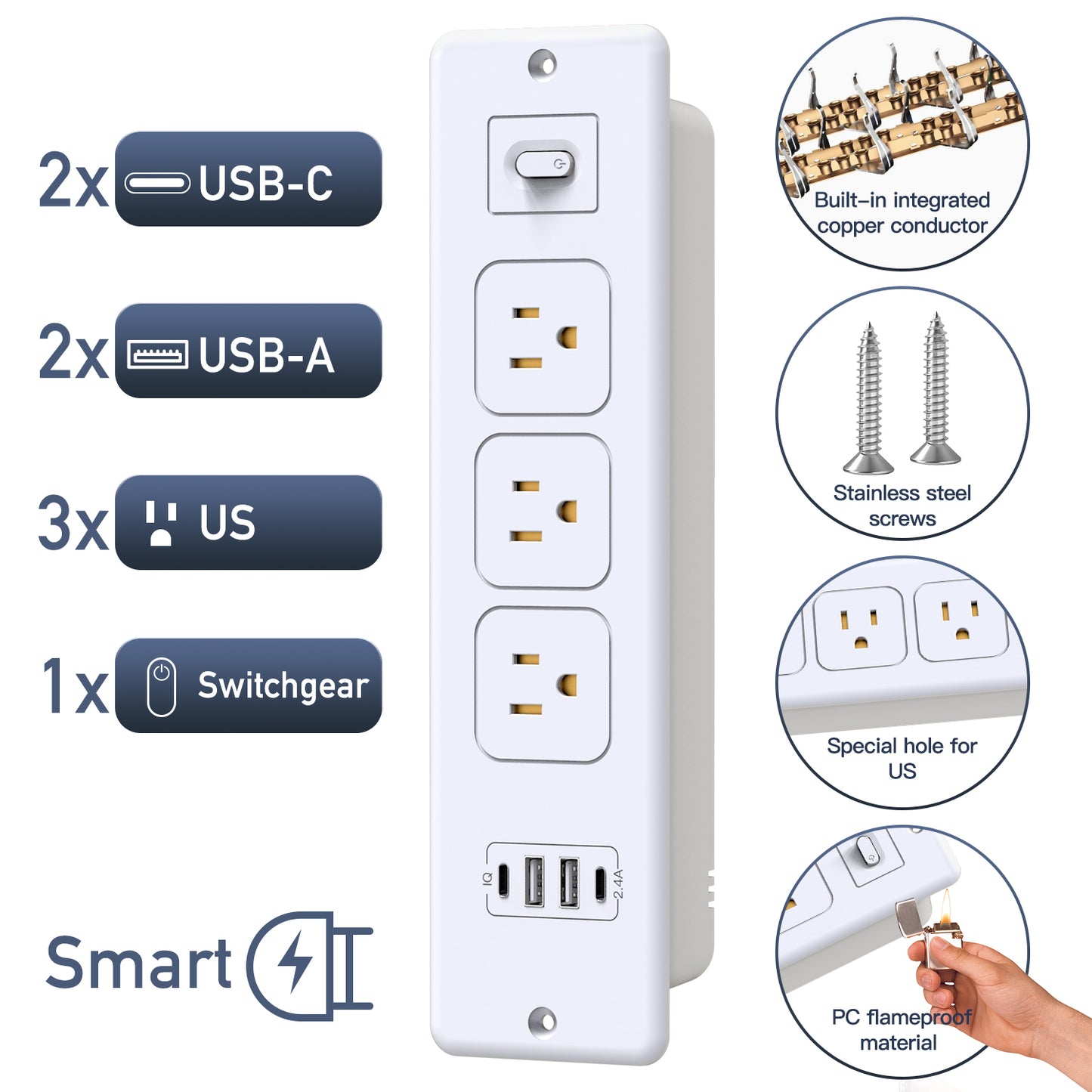 Recessed Power Strip, Furniture Desk Drawer Outlet with 2 USB-C & 2 USB-A, Plug in 3 Outlets, Flush Mount 5.6FT Bold Extension Cord Conference Desk Outlet Fast Charge for Home Office, White