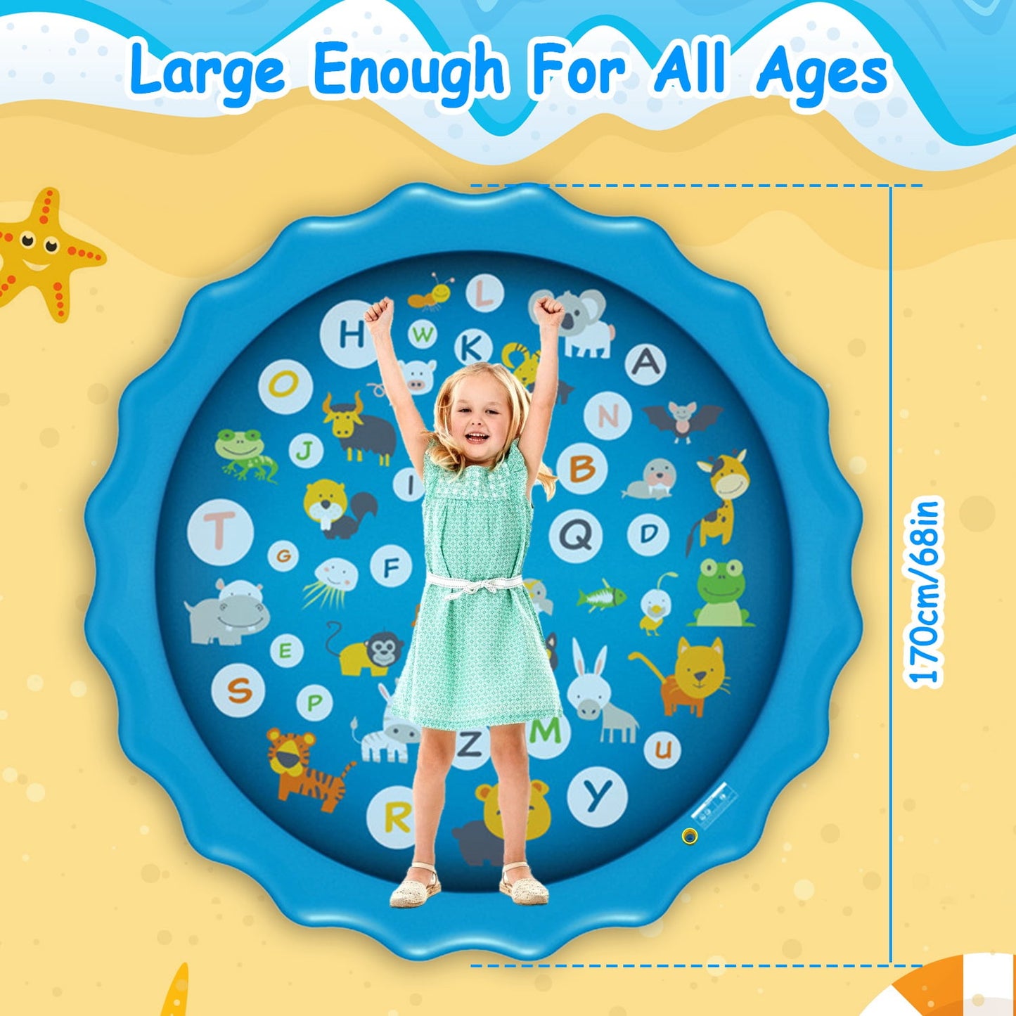 OGEDNAC 68" Splash Pad for Kids, Inflatable Sprinkler Splash Mat for Adults Summer Outdoor Backyard Lawn Games Water Play Toy Mat, Blue