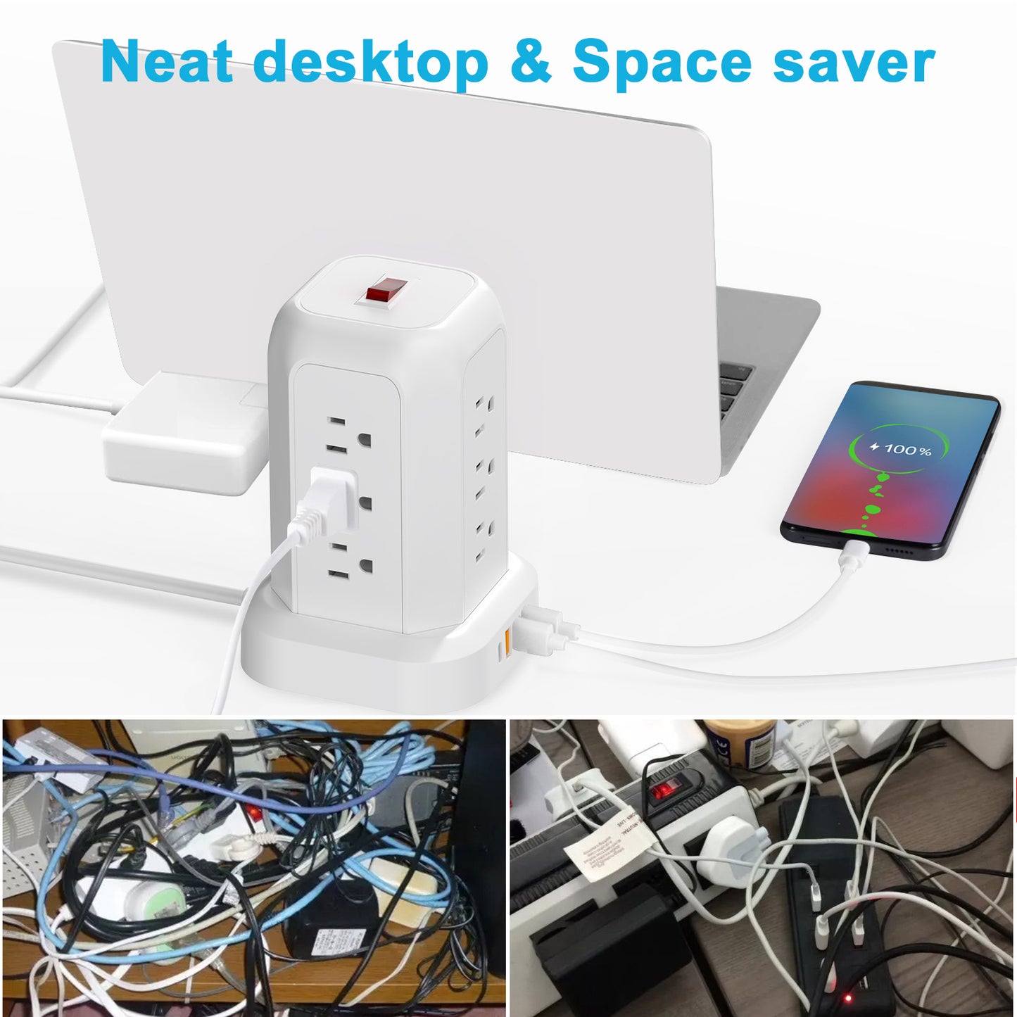 Tower Power Strips with Surge Protection, OGEDNAC Surge Protector with 12 Outlets 4 USB Ports, 5.1FT Extension Cord Desk Charging Station for Home Office Supplies Dorm Essentials, White