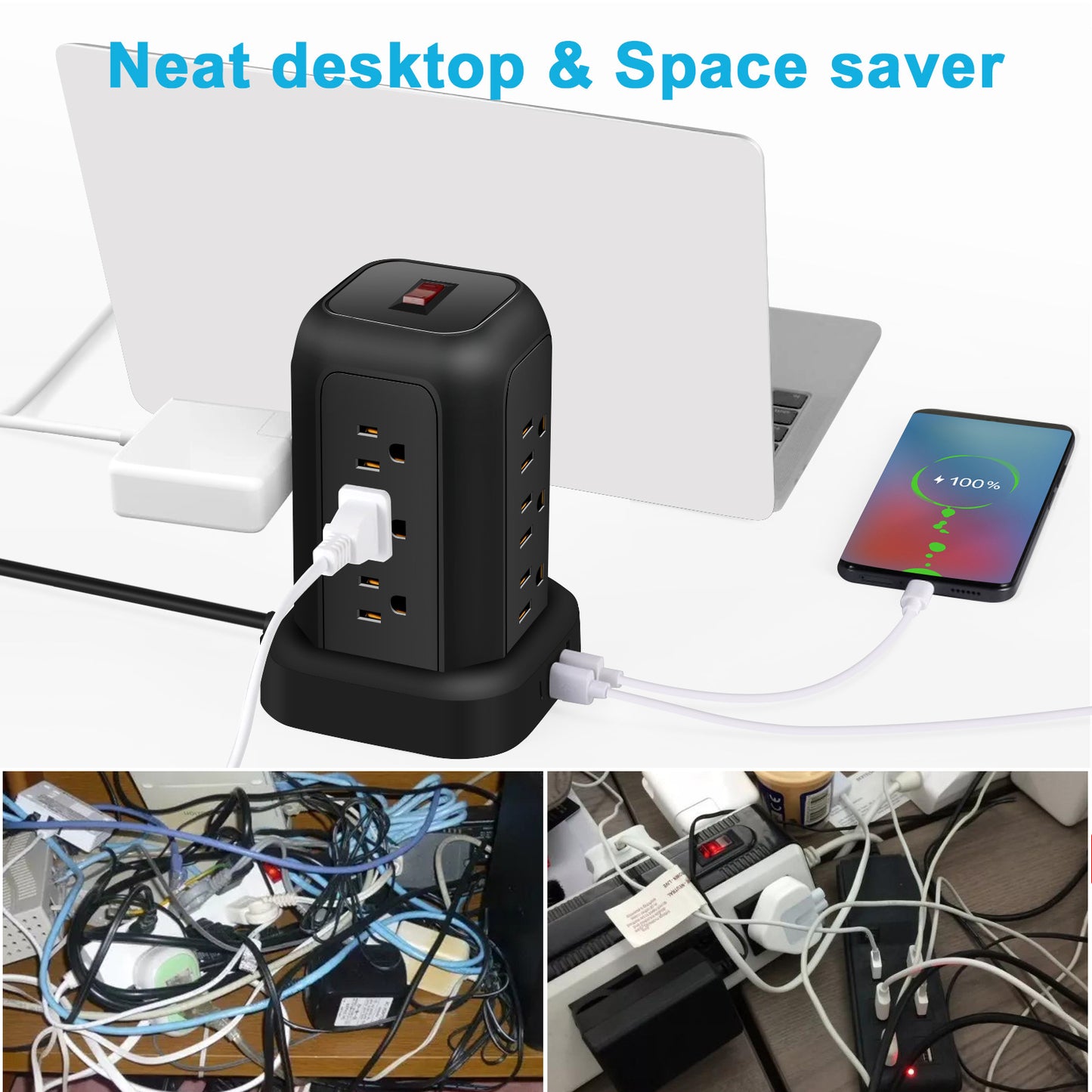 Tower Power Strips with Surge Protection, OGEDNAC Surge Protector with 12 Outlets 4 USB Ports, 5.1FT Extension Cord Desk Charging Station for Home Office Supplies Dorm Essentials, Black