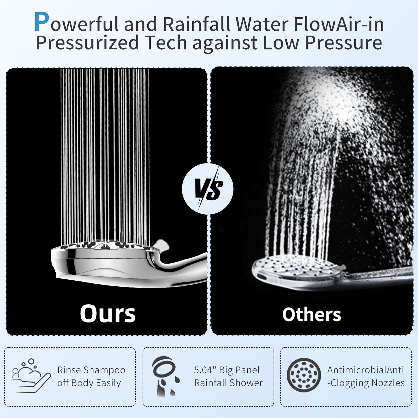 High Pressure 10 Mode Handheld Shower Head, 5 inches Shower Head with Anti-clog Nozzles, Built-in Power Wash to Clean Tub, Tile & Pets, 5 ft. Stainless Steel Hose, Wall & Overhead Brackets