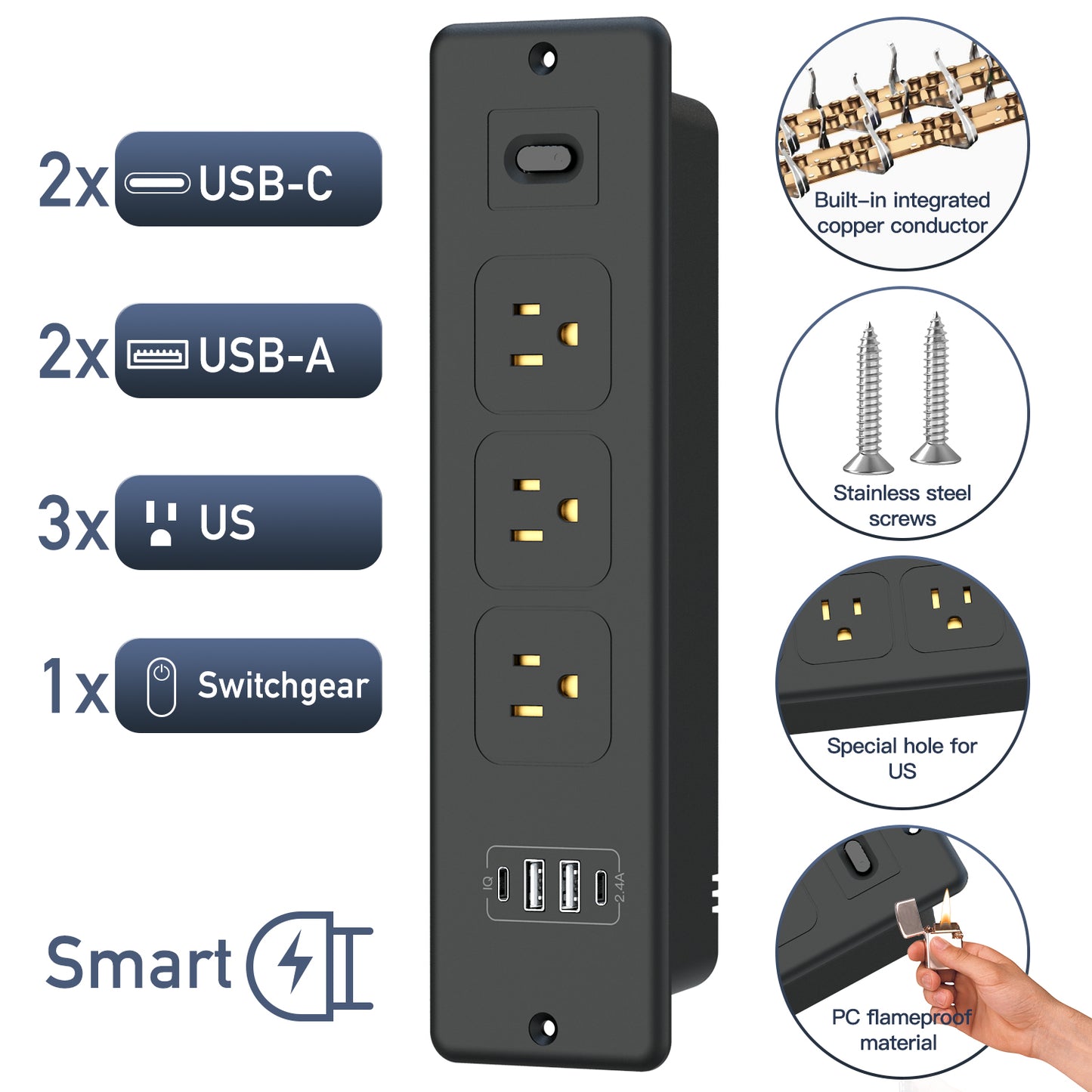 Recessed Power Strip, Furniture Desk Drawer Outlet with 2 USB-C & 2 USB-A, Plug in 3 Outlets, Flush Mount 5.6FT Bold Extension Cord Conference Desk Outlet Fast Charge for Home Office, Black