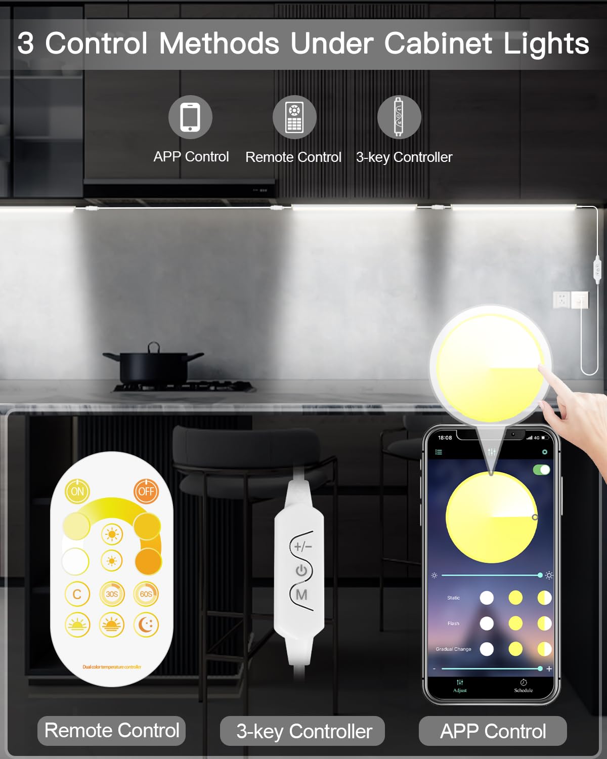 OGEDNAC Under Cabinet Lights, 12 Inch Under Cabinet Lighting with Remote, Dimmable LED Closet Light for Bedroom, Kitchen Cabinet, Counter Shelf 2700K-6500K Warm to Daylight White, 3 Pcs