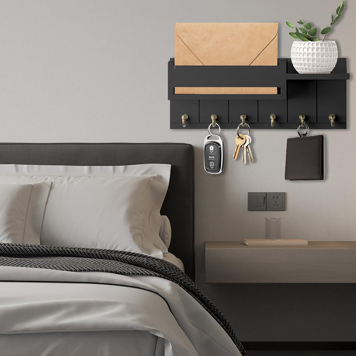 Key Holder Wall Mount, Decorative Key Rack and Mail Organizer with 6 Key Hooks, Wooden Key Hanger with Shelf for Living Room Decor, Rustic Farmhouse Home Entryway Aesthetic Essentials