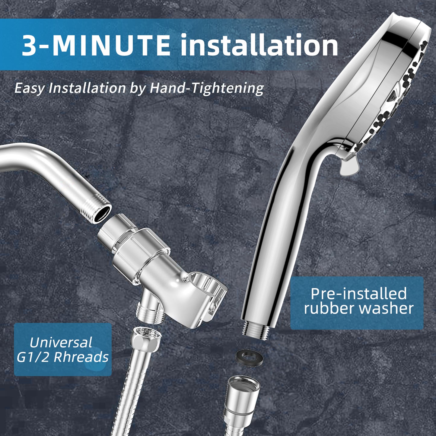 High Pressure 10 Mode Handheld Shower Head, 5 inches Shower Head with Anti-clog Nozzles, Built-in Power Wash to Clean Tub, Tile & Pets, 5 ft. Stainless Steel Hose, Wall & Overhead Brackets