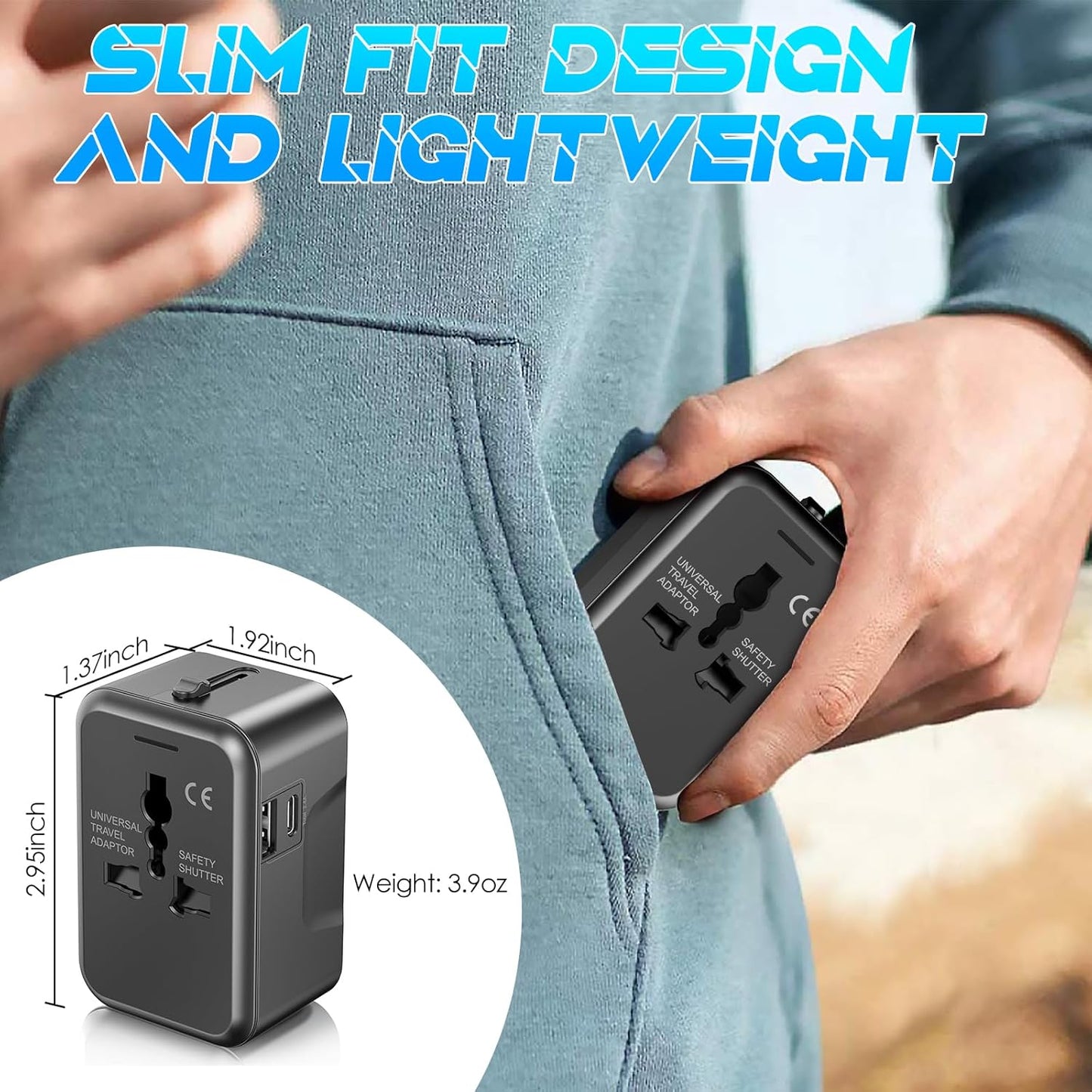 Universal Travel Adapter, OGEDNAC International Conversion Plug Adapter with Type C, European Travel Plug Adapter for USA EU UK AUS, Black