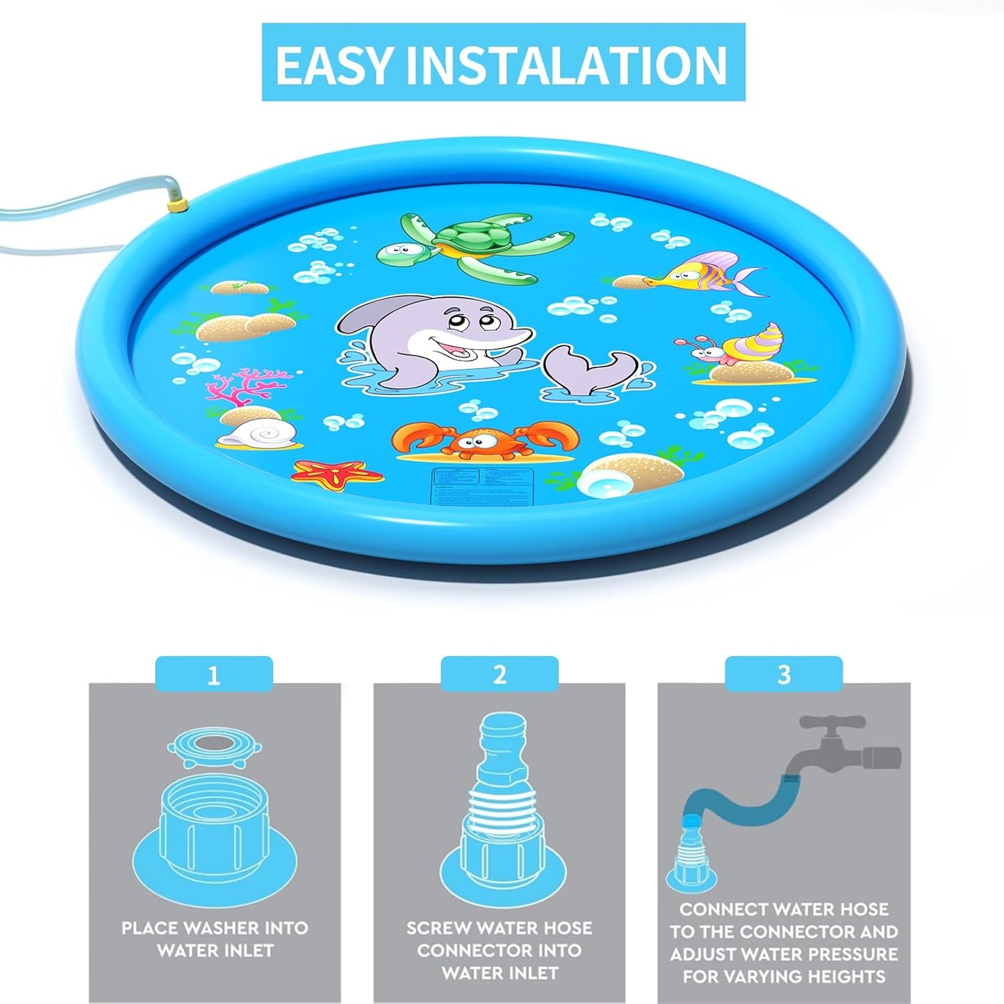 OGEDNAC 68" Water Sprinkler Pad, Inflatable Splash Pad for Kids and Adults Summer Outdoor Backyard Lawn Games Water Play Toy Mat, Blue