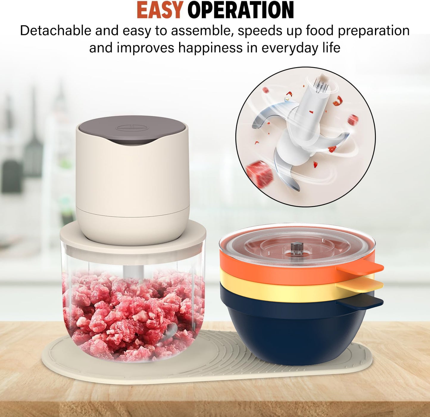 OGEDNAC Food Processor, Electric Food Chopper with 4 Bowls (2.5 Cup+3 * 1 Cup), Meat Grinder with 2 Sets Stainless Steel Blades, Small Blender for Baby Food, Meat and Vegetables, Beige