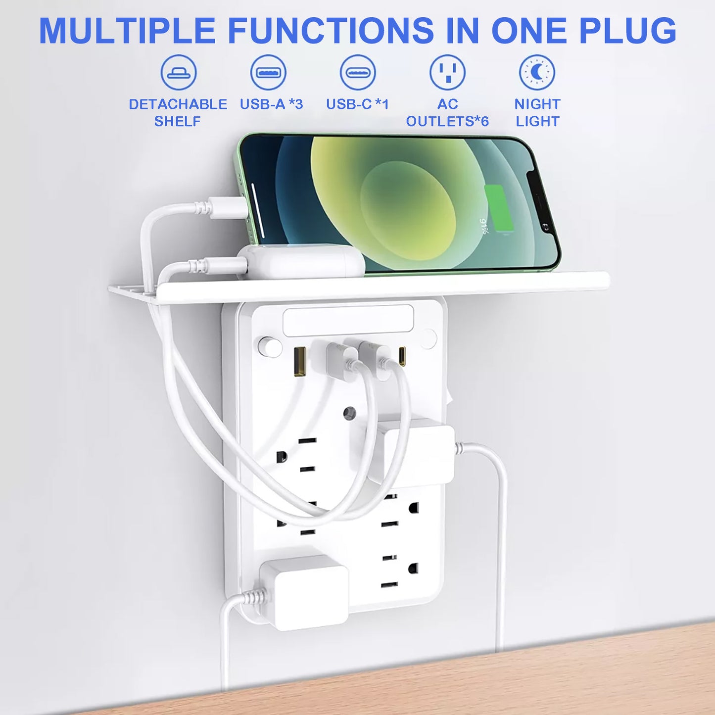 OGEDNAC Outlet Extender, 6 Outlet Grounded Wall Tap with 4 USB Ports and Night Light, Surge Protector Power Strip Multi Plug Outlets Wall Adapter Spaced for Home Travel Office ETL Listed, White